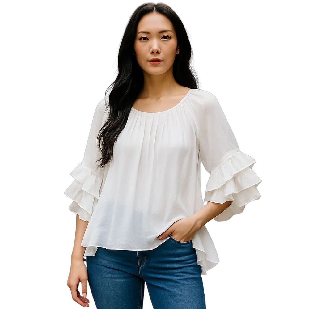 Tempo Paris Silk Blend Top Lt Gray Round Neck 3/4‎ Ruffled Sleeve Women's Medium